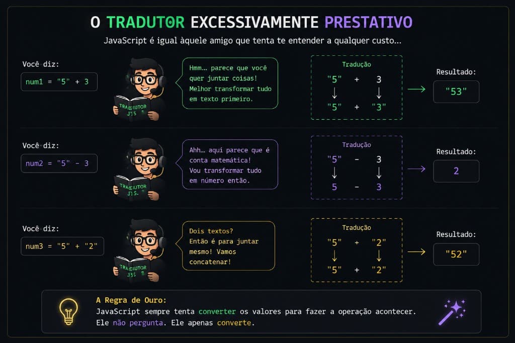 O tradutor excessivamente prestativo — como o JavaScript converte tipos em operações com +, - e concatenação